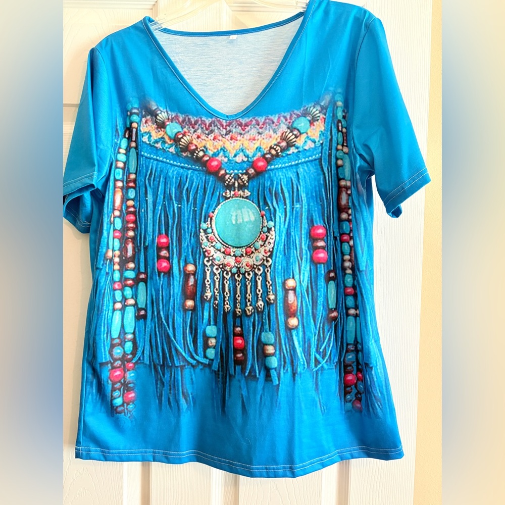 Vibrant Blue Beaded Print Women's Top